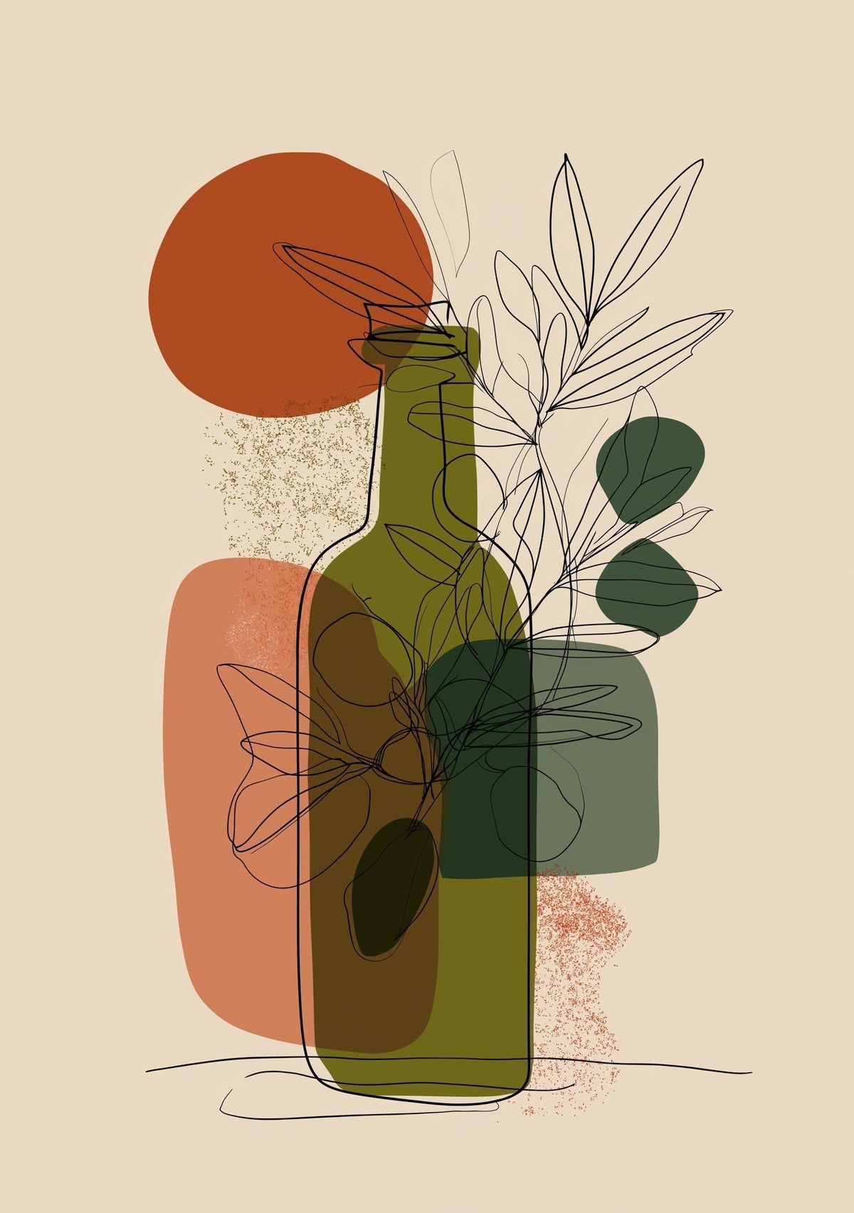 Olive Oil Bottle Art Print • Minimalist Botanical Line Art • Modern Abstract Kitchen Wall Décor • Mediterranean Style Prin...