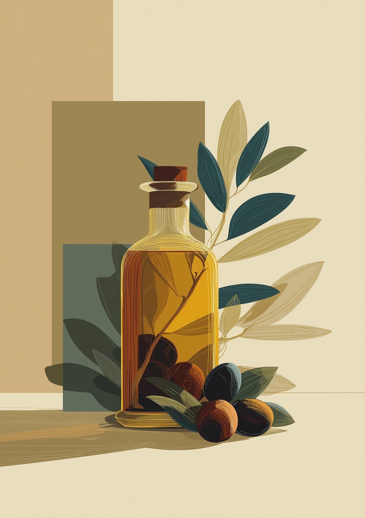 Olive Oil Bottle Art Print • Minimalist Botanical Line Art • Modern Abstract Kitchen Wall Décor • Mediterranean Style Prin...