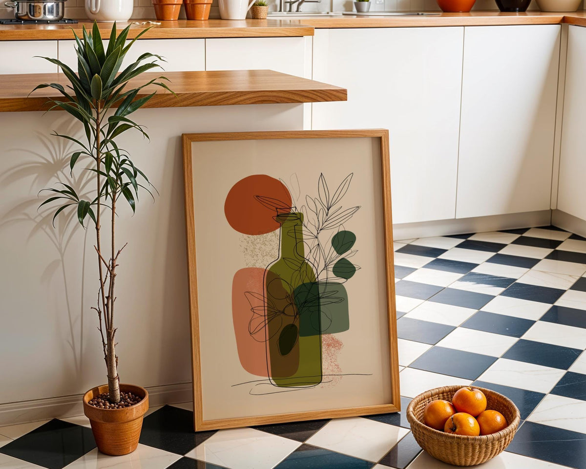 Olive Oil Bottle Art Print • Minimalist Botanical Line Art • Modern Abstract Kitchen Wall Décor • Mediterranean Style Prin...
