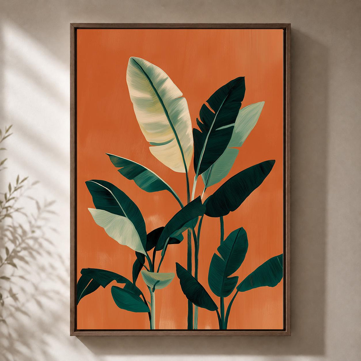 Orange Tropical Leaf Mid Century Modern Framed Canvas Art, Botanical Palm Print by The Wall Art Studio - physical