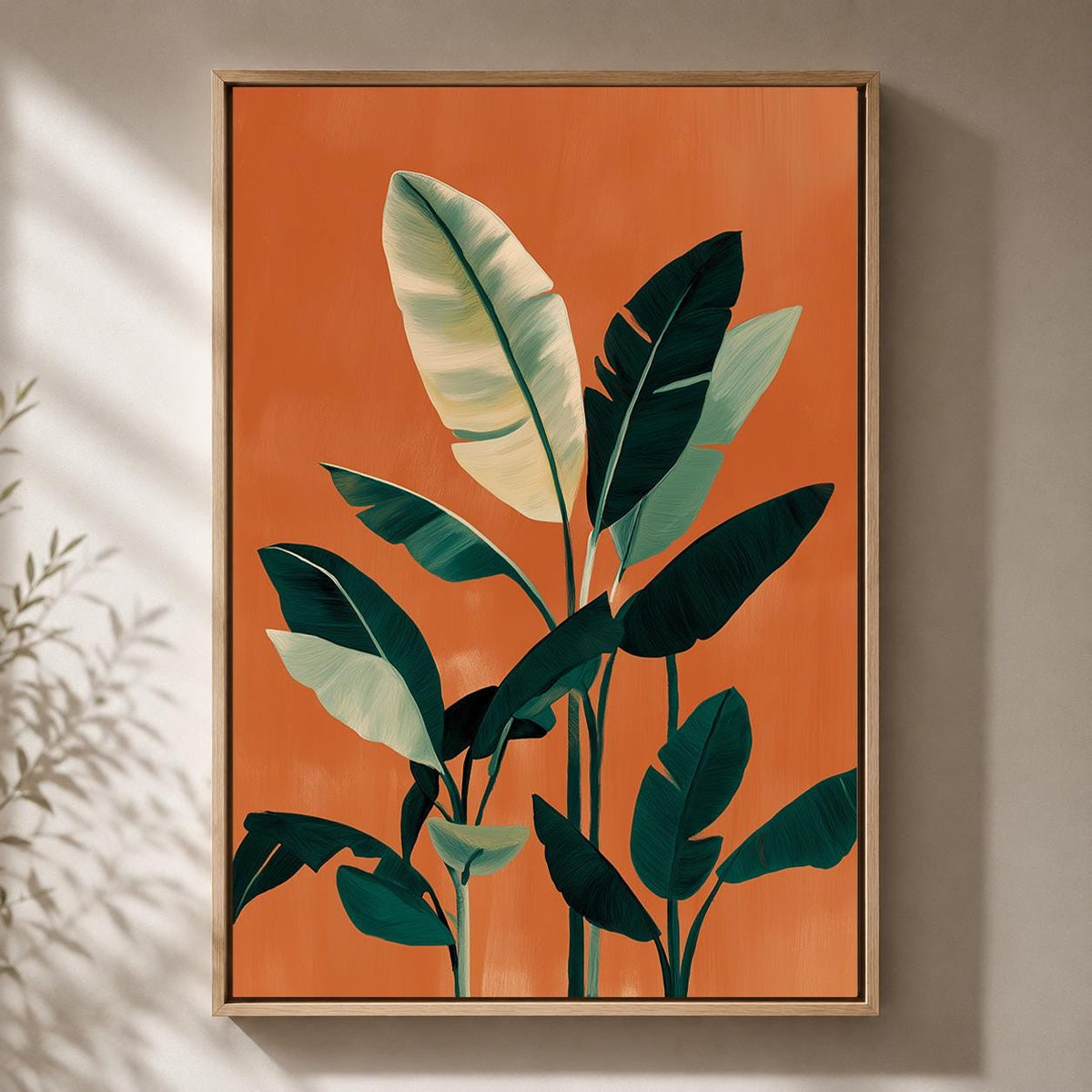 Orange Tropical Leaf Mid Century Modern Framed Canvas Art, Botanical Palm Print by The Wall Art Studio - physical