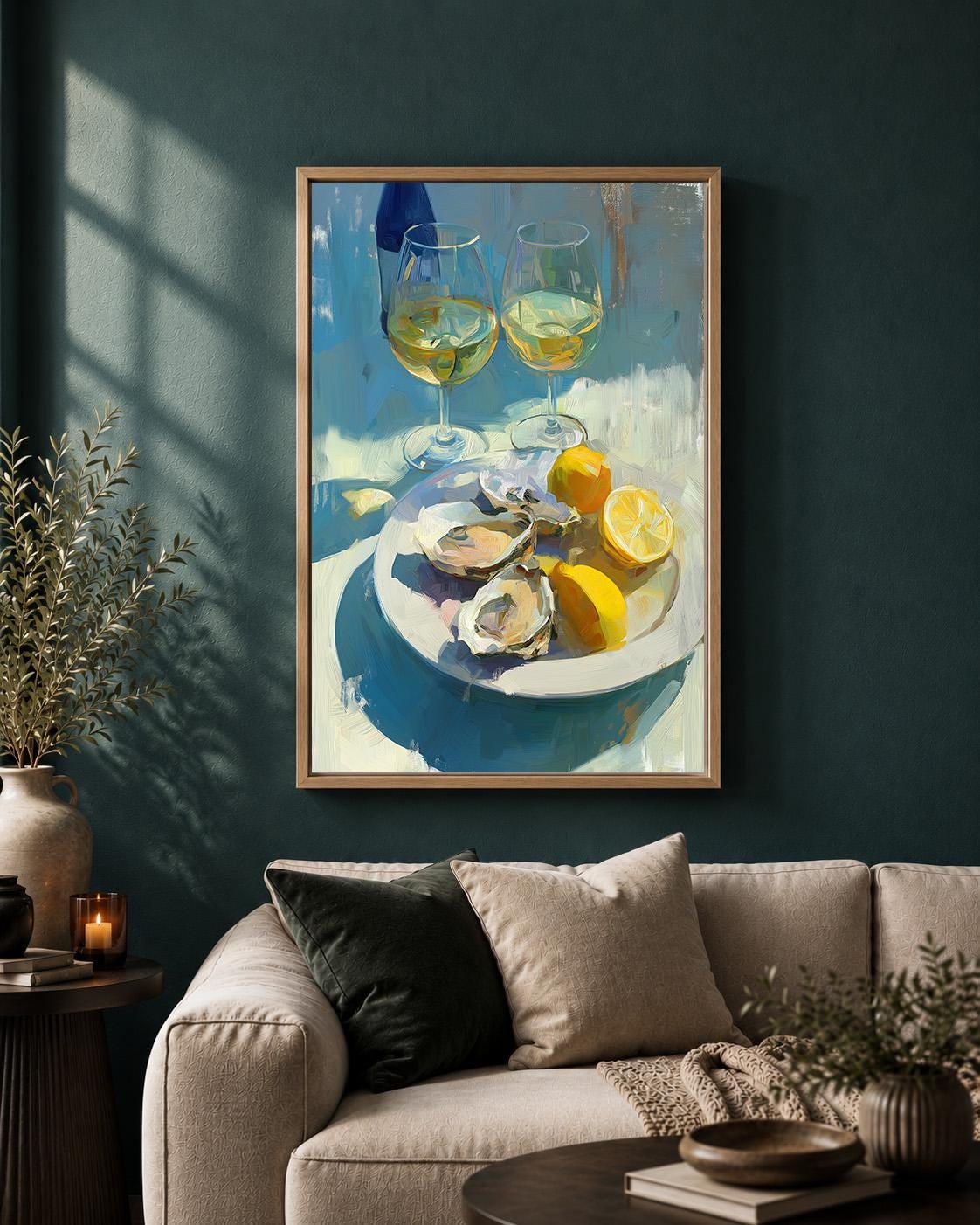 Oyster and White Wine Framed Canvas Art, Coastal Kitchen Dining Print by The Wall Art Studio - physical