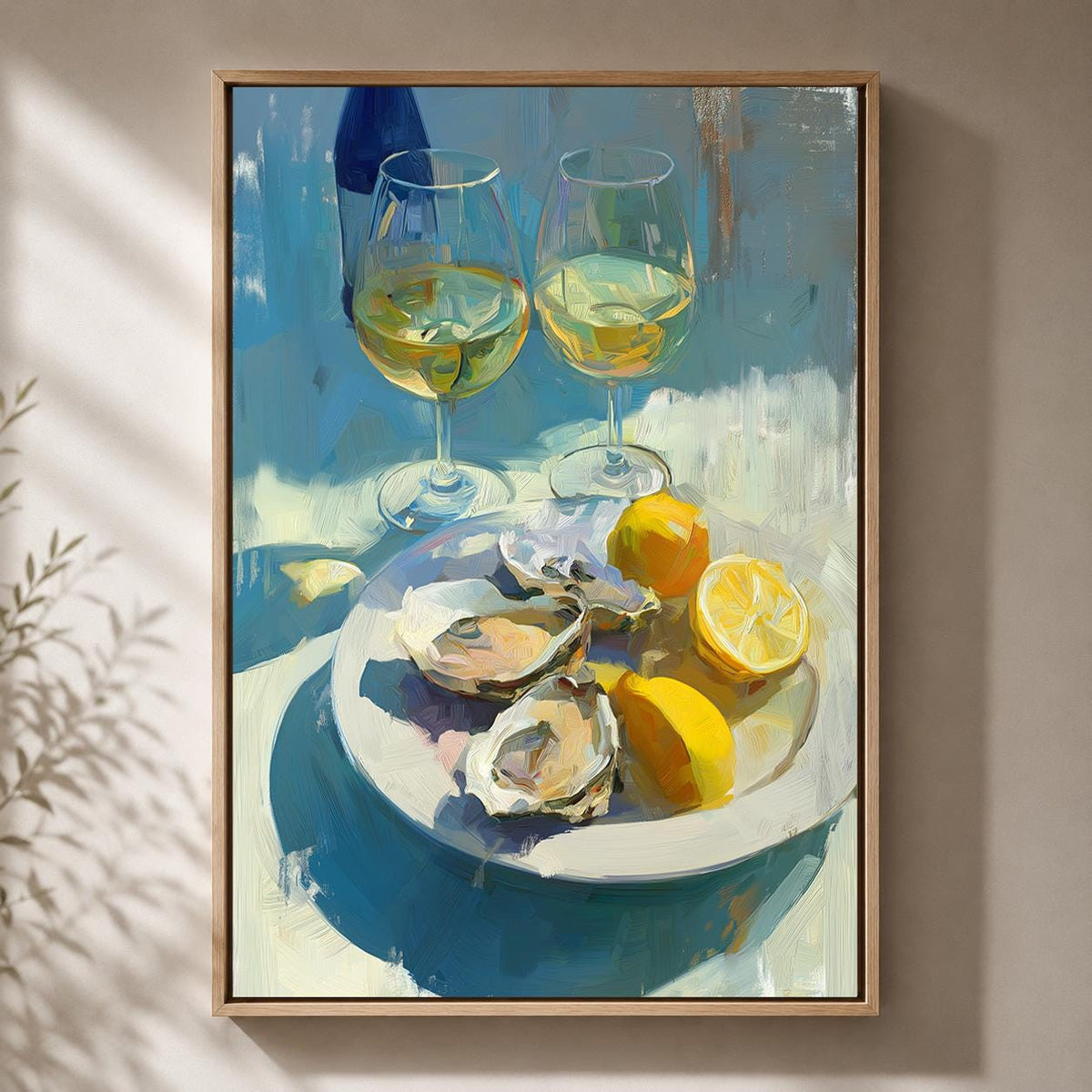 Oyster and White Wine Framed Canvas Art, Coastal Kitchen Dining Print by The Wall Art Studio - physical