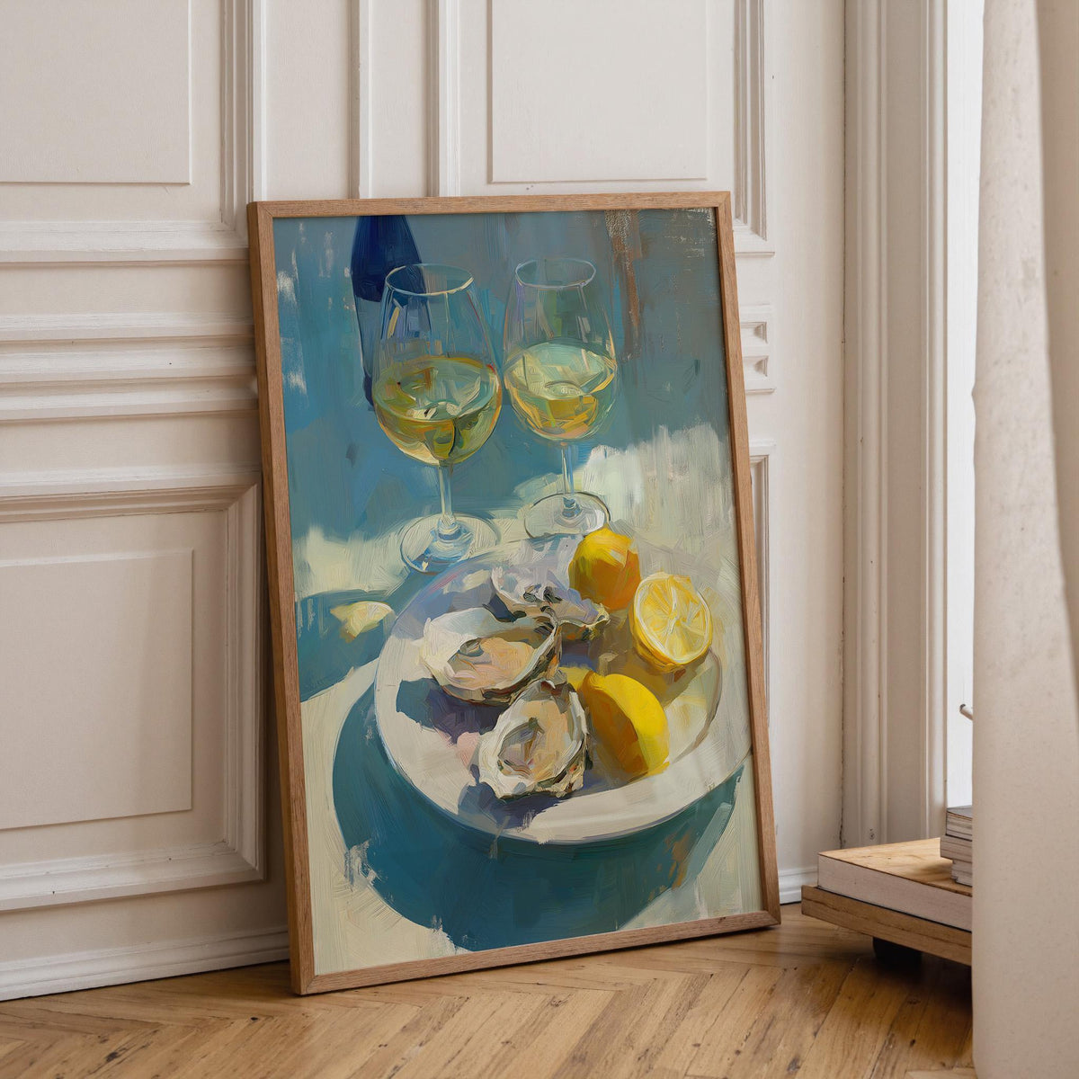 Oysters and White Wine Still Life • Coastal Kitchen Art Print • Lemon & Seafood Wall Décor • Mediterranean Dining Room Art...