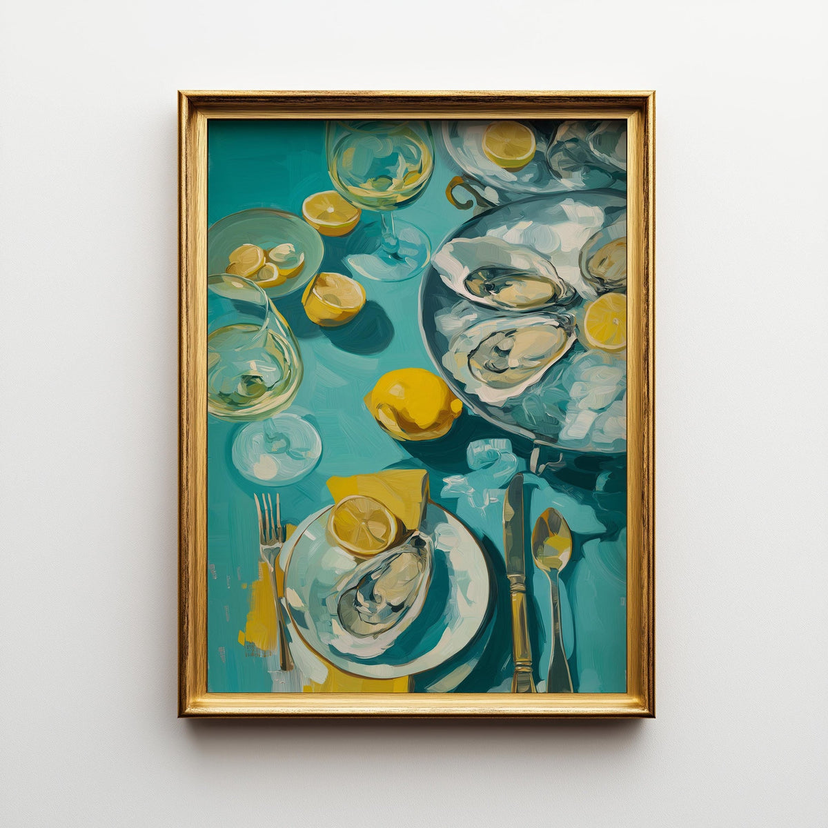 Oysters and White Wine Still Life • Coastal Kitchen Art Print • Lemon & Seafood Wall Décor • Mediterranean Dining Room Art...