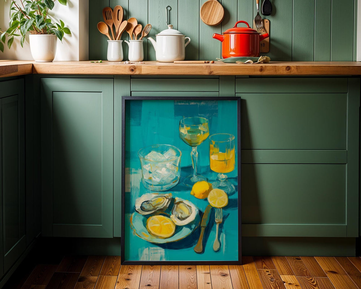 Oysters and White Wine Still Life • Coastal Kitchen Art Print • Lemon & Seafood Wall Décor • Mediterranean Dining Room Art...