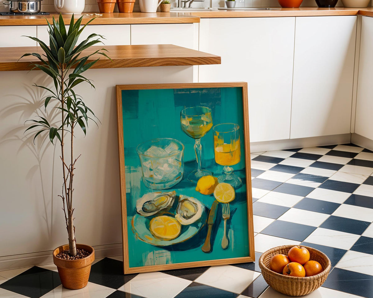 Oysters and White Wine Still Life • Coastal Kitchen Art Print • Lemon & Seafood Wall Décor • Mediterranean Dining Room Art...