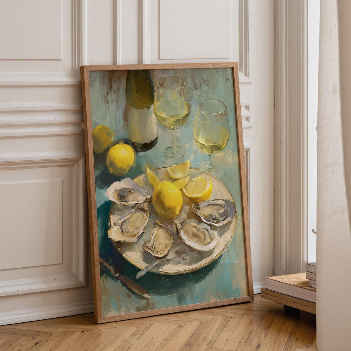Oysters and White Wine Still Life • Coastal Kitchen Art Print • Lemon & Seafood Wall Décor • Mediterranean Dining Room Art...