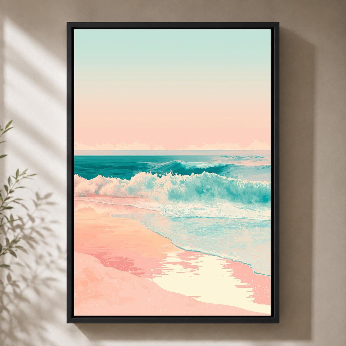 Pastel Beach Framed Canvas Art, Pink Coastal Ocean Waves Print, Tropical Seascape Wall Decor by The Wall Art Studio - phys...