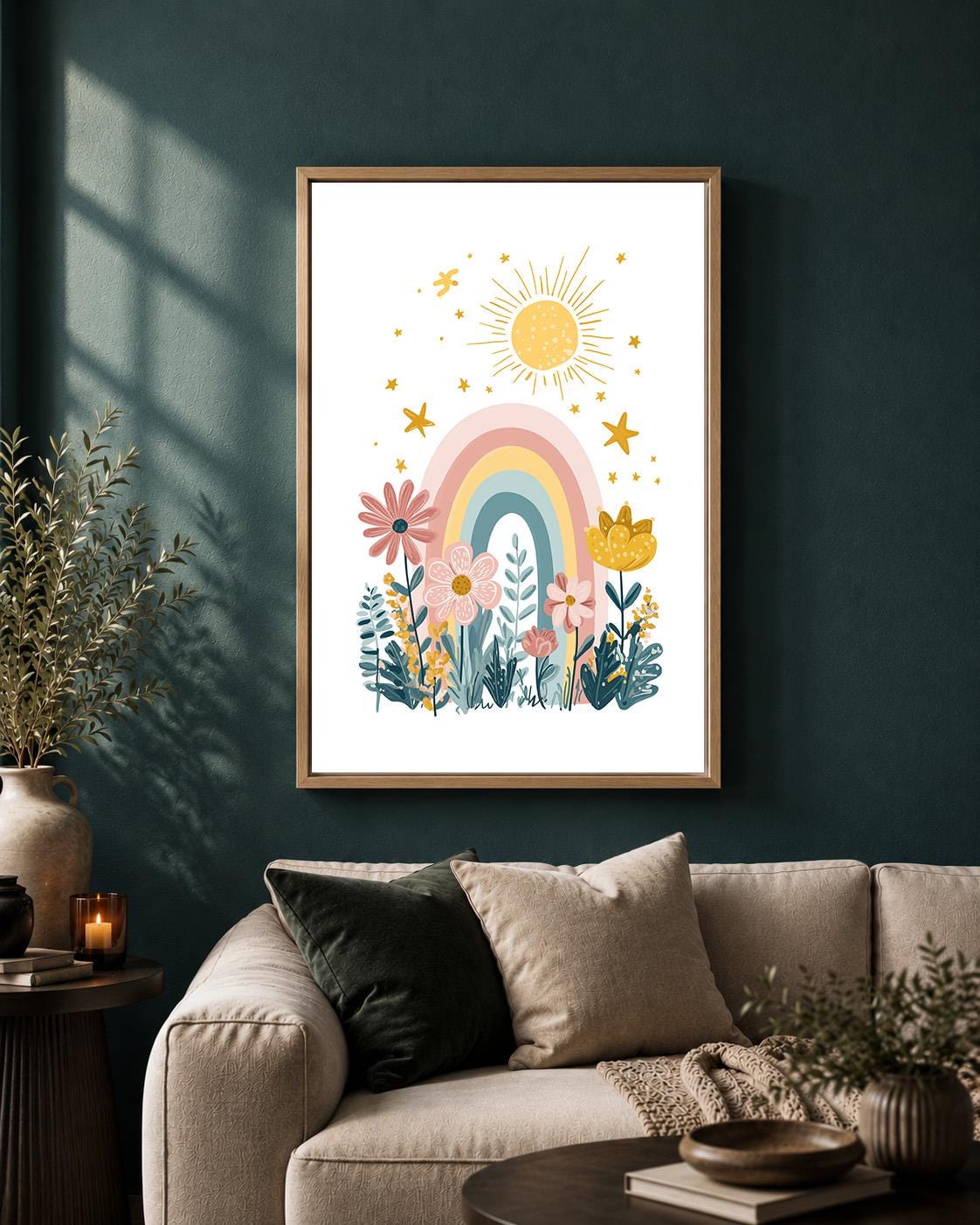 Pastel Rainbow Floral Framed Canvas Art, Boho Nursery Wall Decor, Girls Bedroom Print by The Wall Art Studio - physical