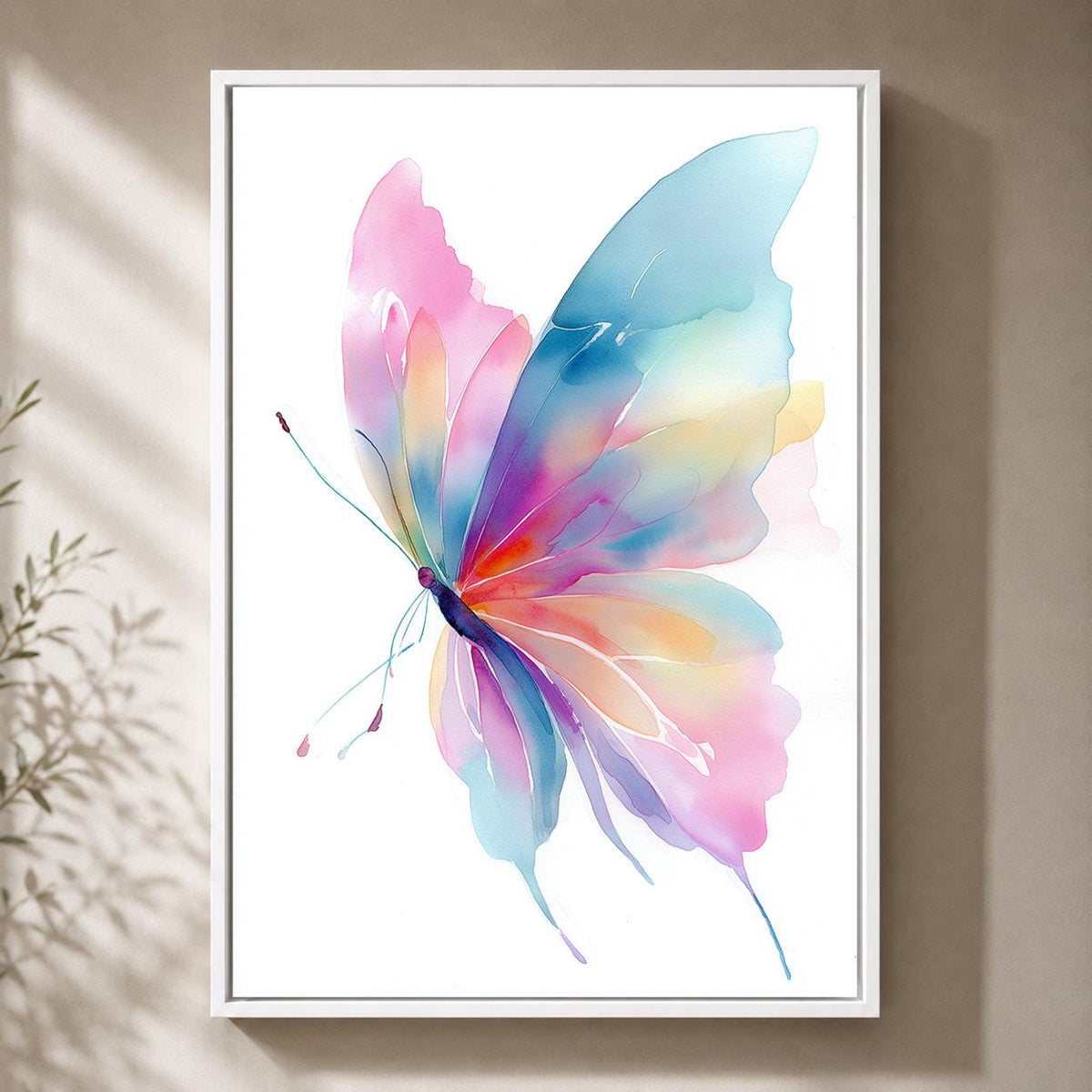Pastel Watercolor Butterfly Framed Canvas Art, Dreamy Modern Wall Decor by The Wall Art Studio - physical