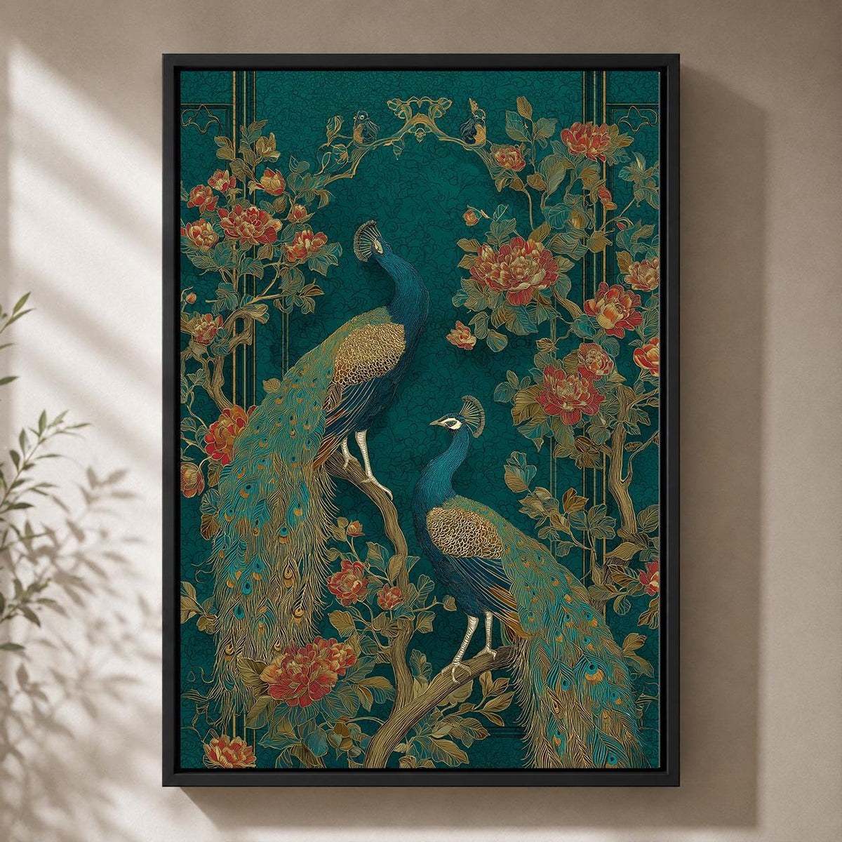 Peacock Chinoiserie Framed Canvas Art, Teal Gold Botanical Bird Print, Maximalist Asian Decor by The Wall Art Studio - phy...