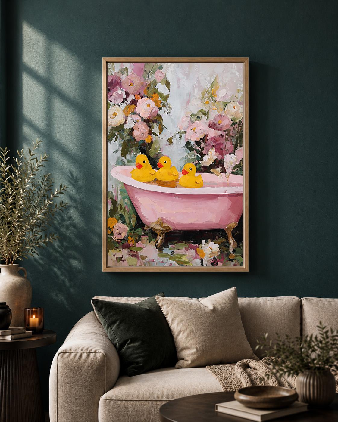 Pink Bathtub Duck Framed Canvas Art, Floral Whimsical Bathroom Decor, Vintage Clawfoot Tub Print by The Wall Art Studio -...