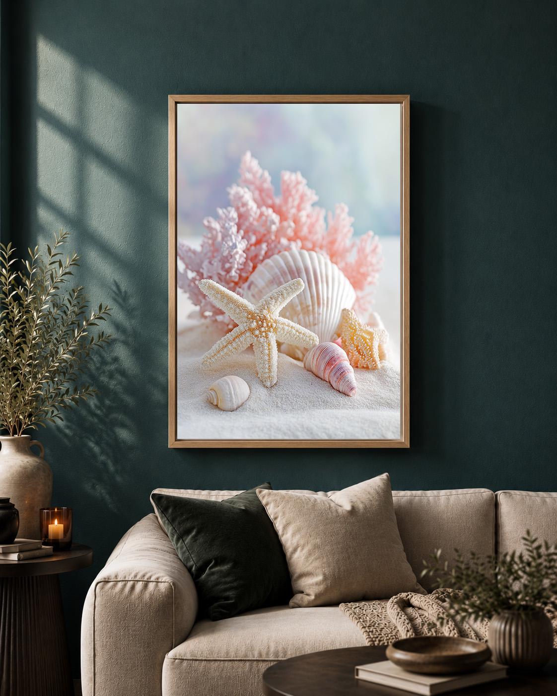Pink Coastal Seashell Framed Canvas Art, Beach Starfish Print, Pastel Ocean Decor by The Wall Art Studio - physical