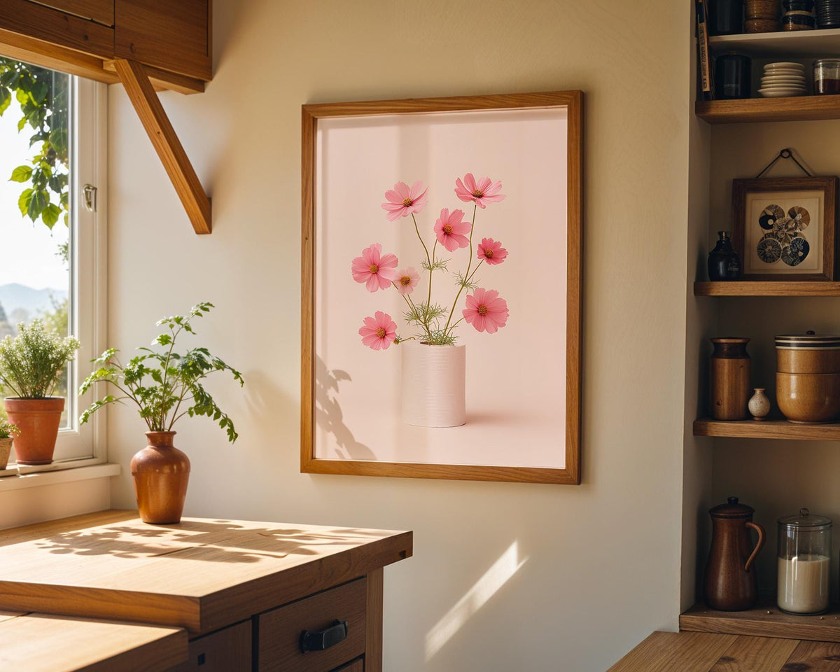 Pink Cosmo Bathroom Wall Art, Minimalist Floral Toilet Roll Print, Soft Blush Botanical Poster for Neutral Bathroom Decor...