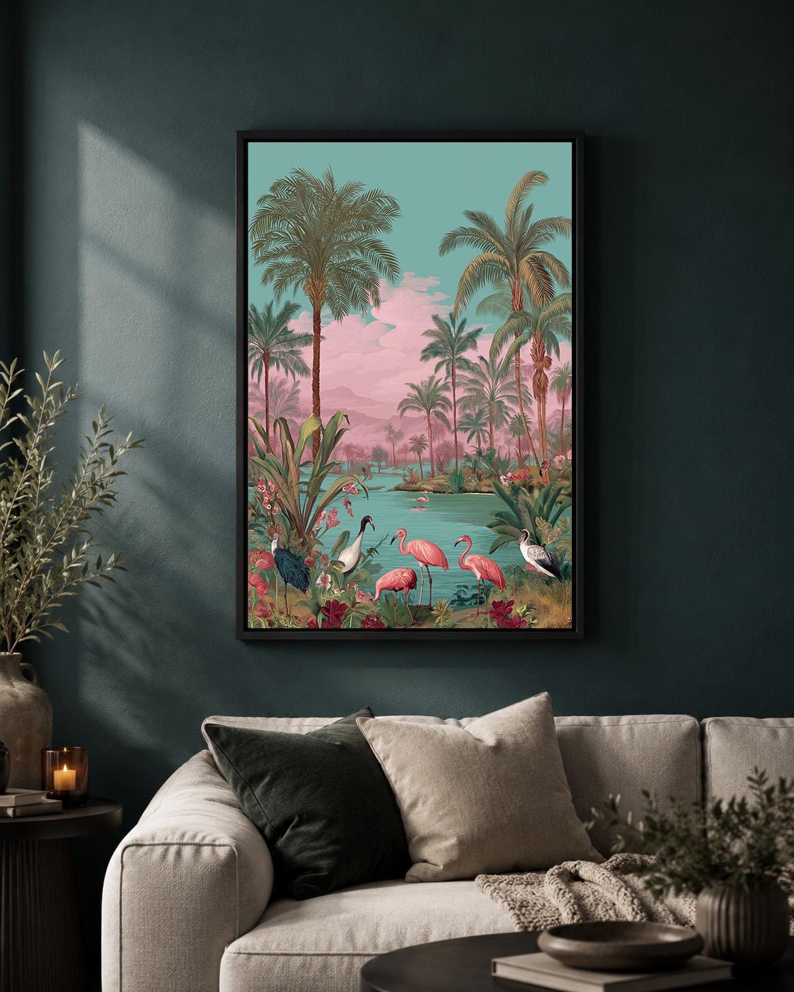 Pink Flamingo Tropical Framed Canvas Art, Coastal Palm Tree Print, Vintage Paradise Landscape by The Wall Art Studio - phy...