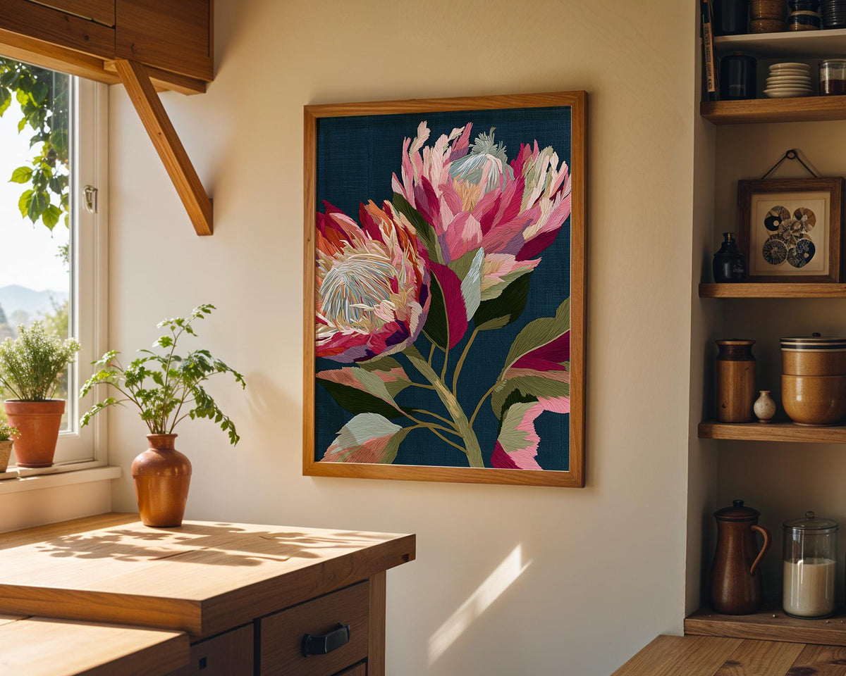 Pink Protea Wall Art, Botanical Flower Print, Modern Botanical Decor, Embroidered Style Artwork, Cottagecore Art (Framed O...
