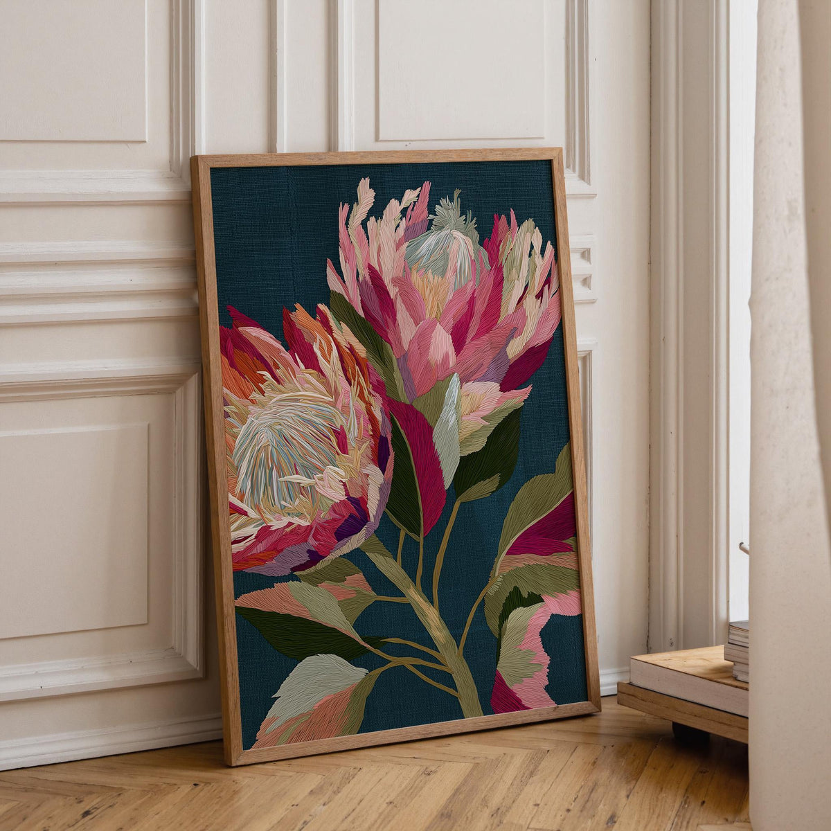 Pink Protea Wall Art, Botanical Flower Print, Modern Botanical Decor, Embroidered Style Artwork, Cottagecore Art (Framed O...