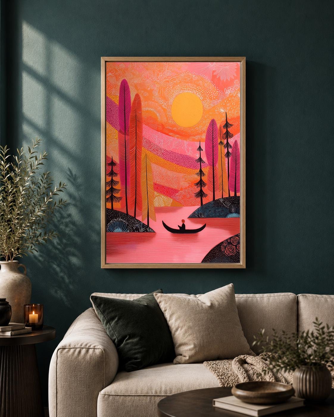 Pink Sunset Landscape Framed Canvas Art, Colorful Boho Lake Nature Print by The Wall Art Studio - physical