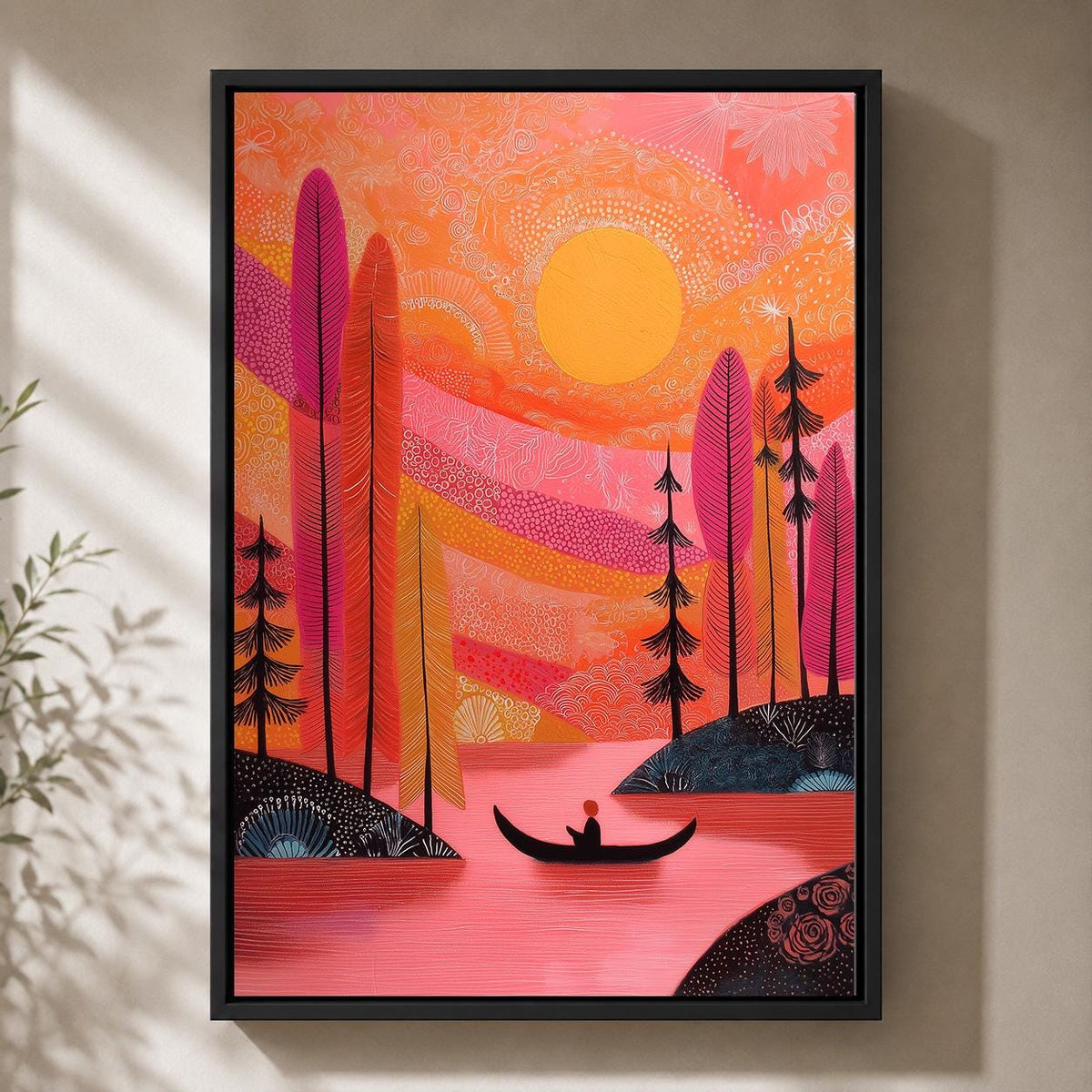 Pink Sunset Landscape Framed Canvas Art, Colorful Boho Lake Nature Print by The Wall Art Studio - physical