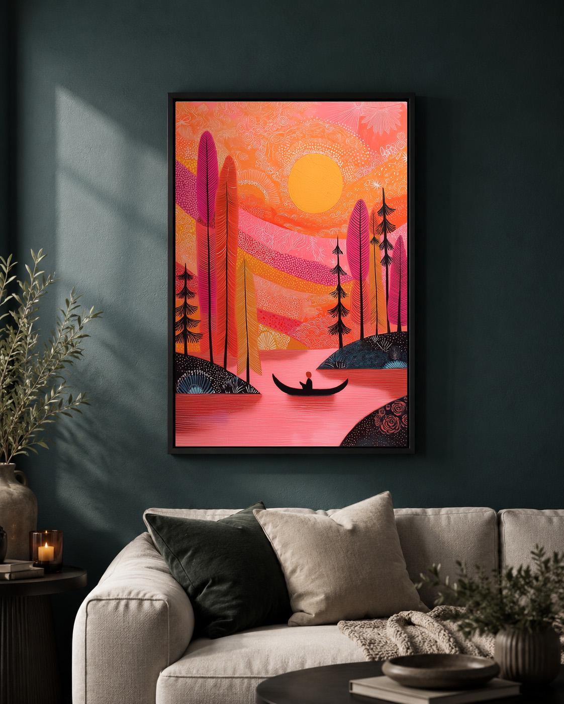 Pink Sunset Landscape Framed Canvas Art, Colorful Boho Lake Nature Print by The Wall Art Studio - physical