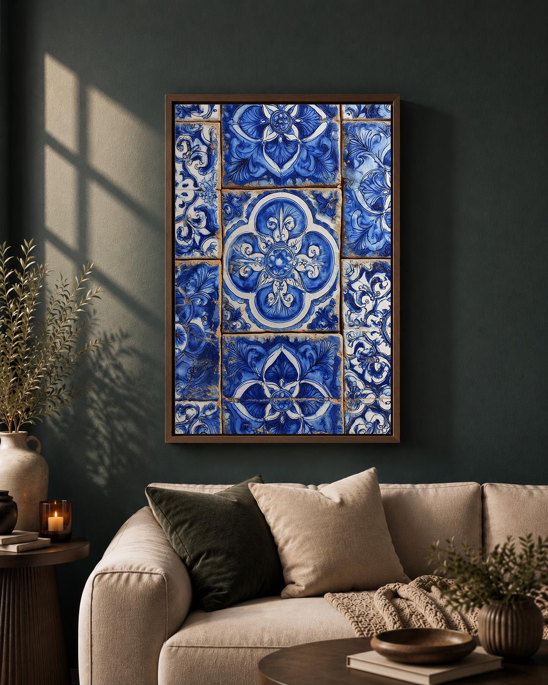 Portuguese Blue Tile Framed Canvas Art, Vintage Azulejo Mediterranean Wall Decor by The Wall Art Studio - physical