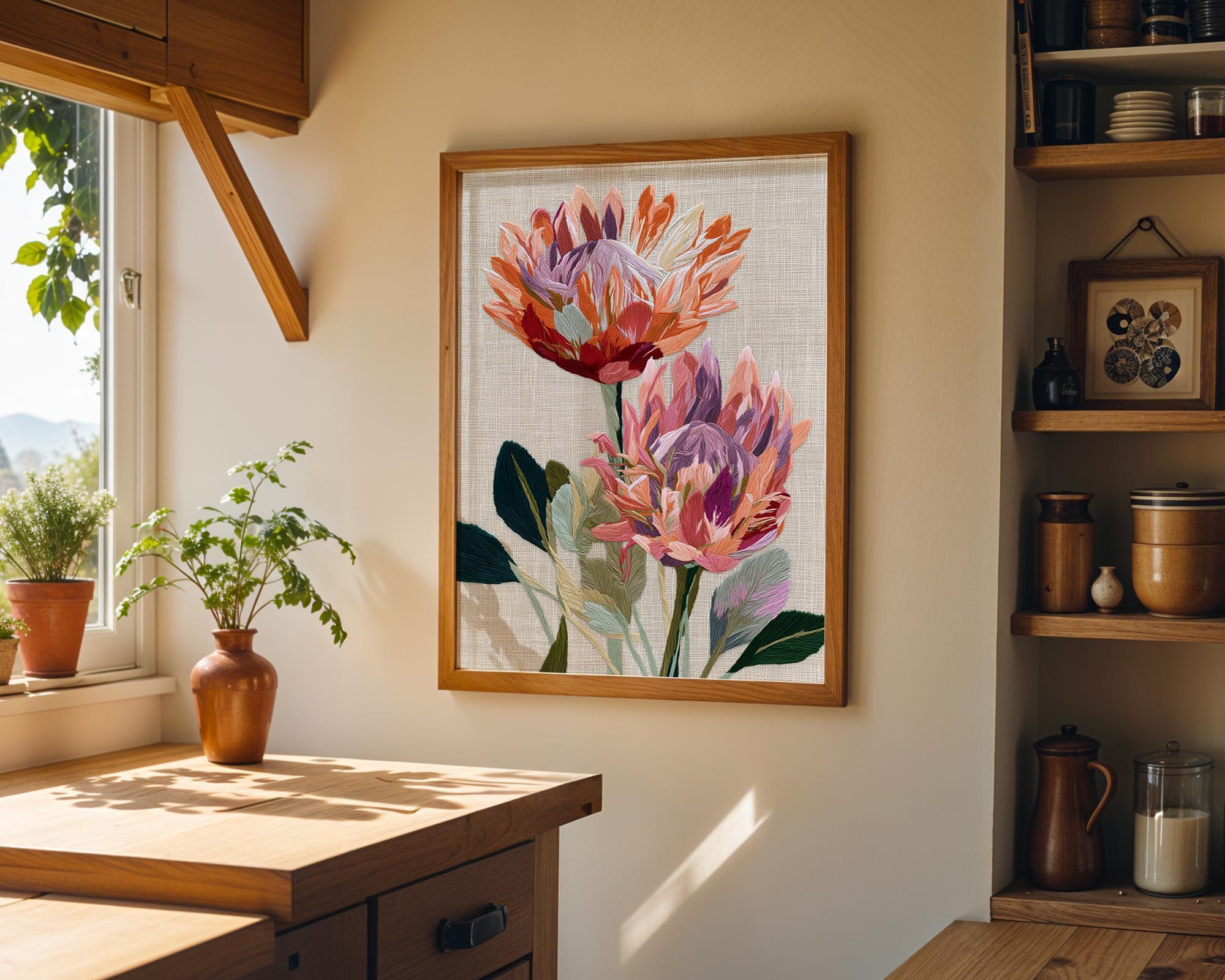 Protea Flower Wall Art, Embroidered Botanical Print, Pink Protea Poster, Modern Floral Decor, Textured Botanical Artwork (...