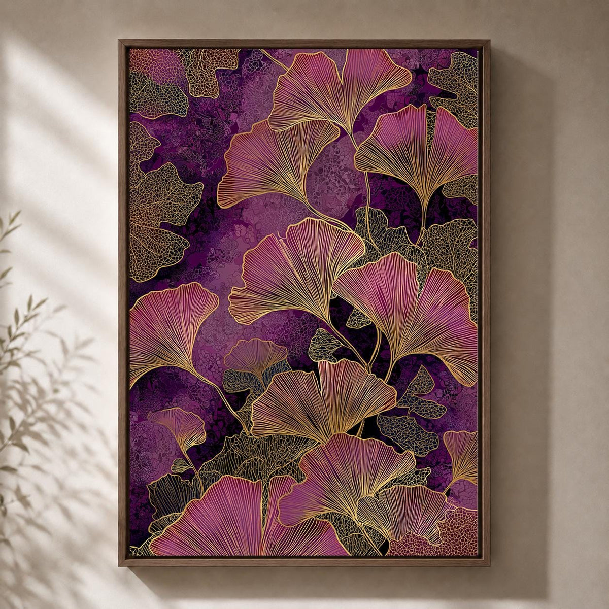 Purple Ginkgo Leaf Framed Canvas, Dark Botanical Framed Canvas Print, Moody Floral Decor by The Wall Art Studio - physical