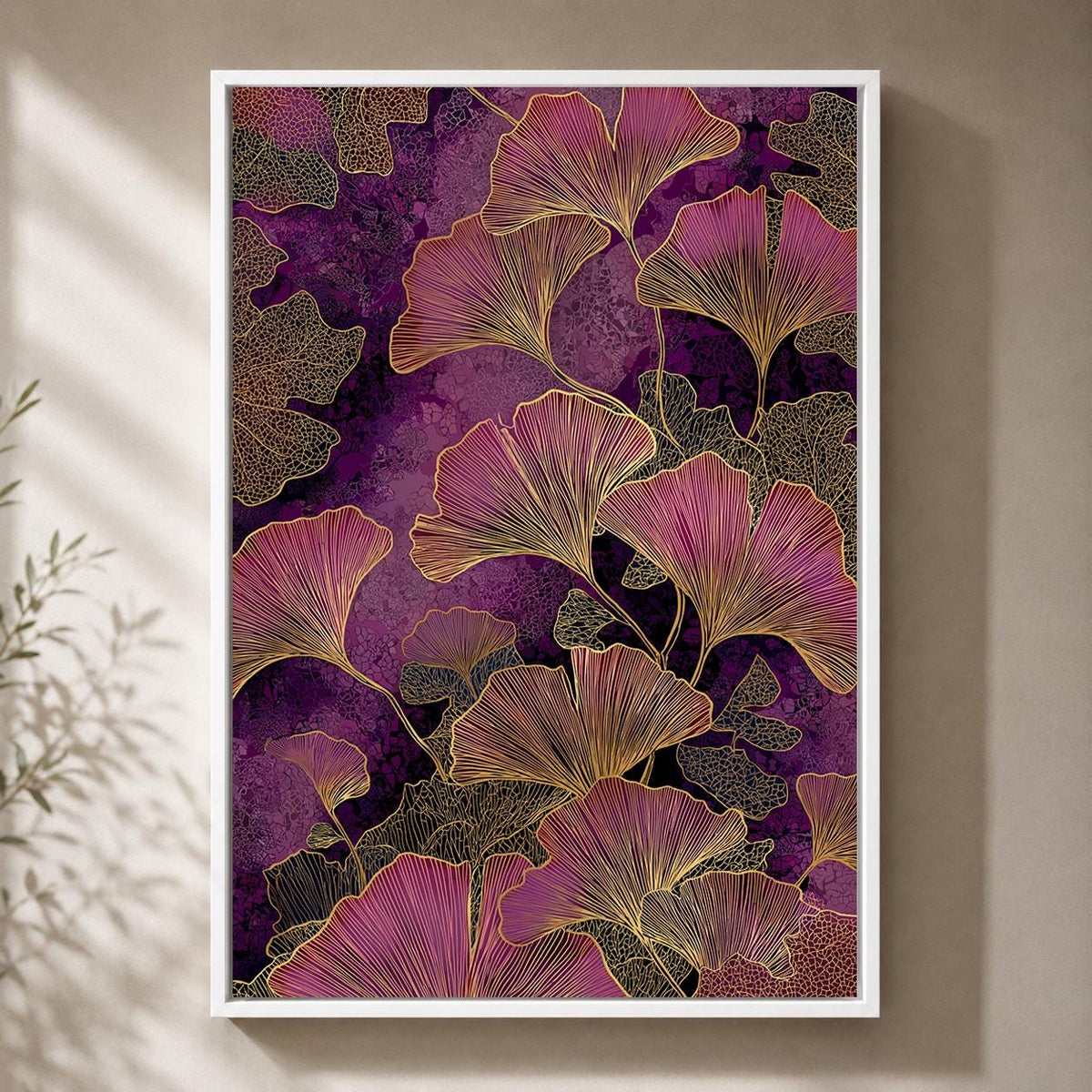 Purple Ginkgo Leaf Framed Canvas, Dark Botanical Framed Canvas Print, Moody Floral Decor by The Wall Art Studio - physical