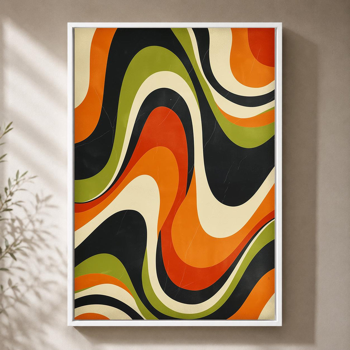 Retro Abstract Framed Canvas, Mid Century Modern Wall Art, 70s Wavy Stripe Decor by The Wall Art Studio - physical