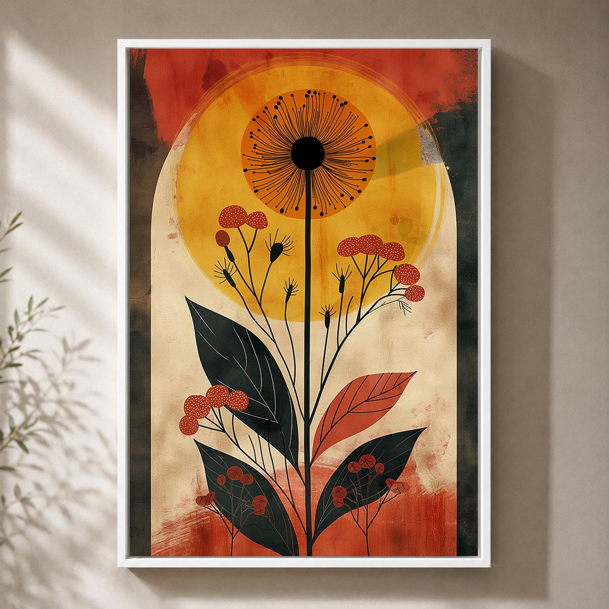 Retro Botanical Framed Canvas Art, Mid Century Floral Sun Print, Burnt Orange Nature Decor by The Wall Art Studio - physical