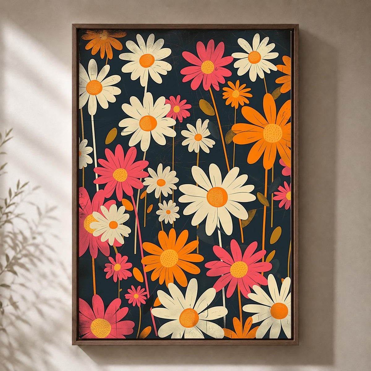 Retro Floral Framed Canvas Wall Art, 1960s Mod Daisy Print, Groovy Botanical Decor by The Wall Art Studio - physical