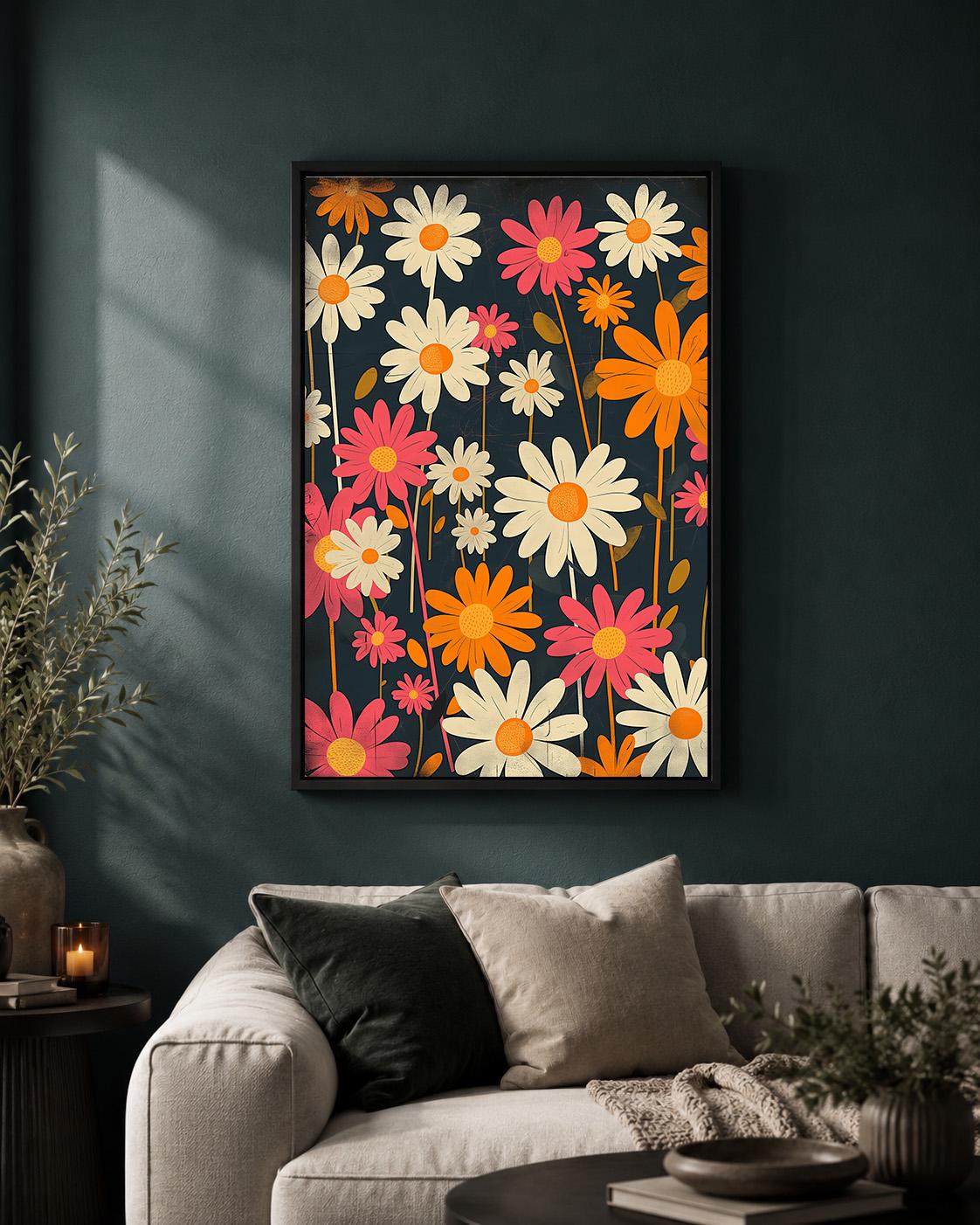 Retro Floral Framed Canvas Wall Art, 1960s Mod Daisy Print, Groovy Botanical Decor by The Wall Art Studio - physical