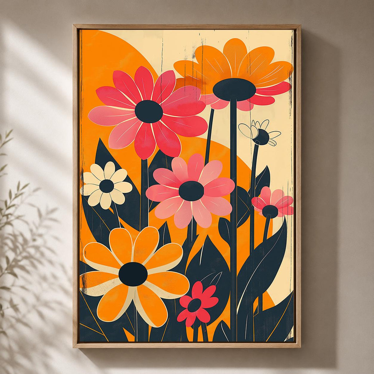 Retro Floral Framed Canvas Wall Art, 1960s Mod Daisy Print, Mid Century Botanical Decor by The Wall Art Studio - physical