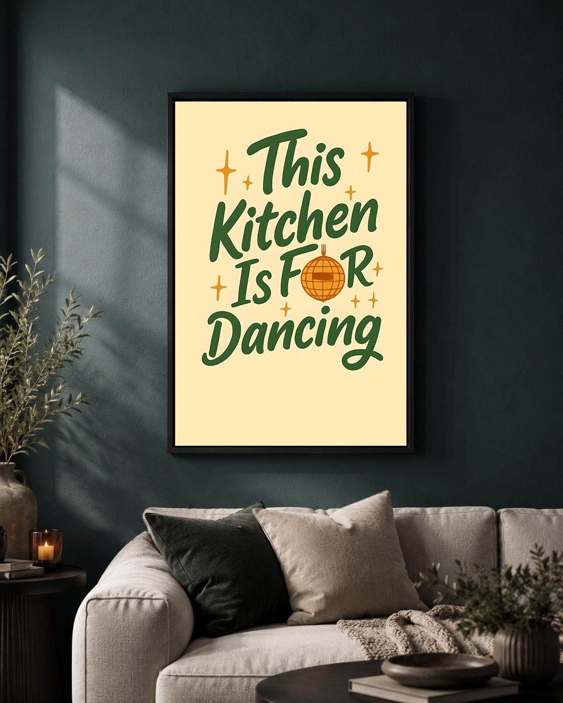 Retro Kitchen Dancing Quote Framed Canvas Art, Funky Typography Disco Decor by The Wall Art Studio - physical