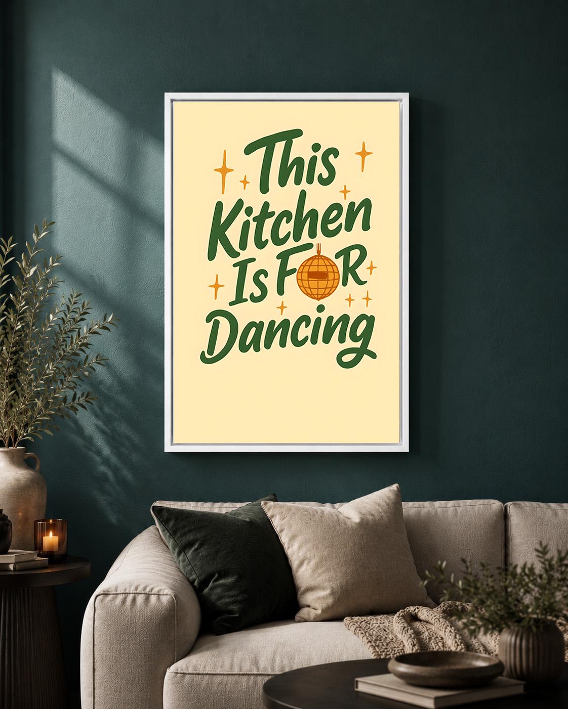 Retro Kitchen Dancing Quote Framed Canvas Art, Funky Typography Disco Decor by The Wall Art Studio - physical