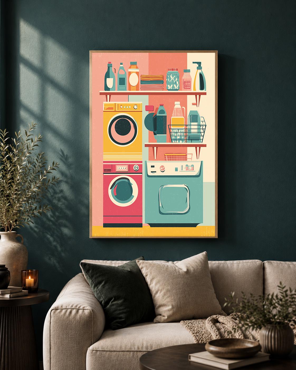 Retro Laundry Room Framed Canvas Art, Mid Century Modern Print, Colorful Utility Decor by The Wall Art Studio - physical