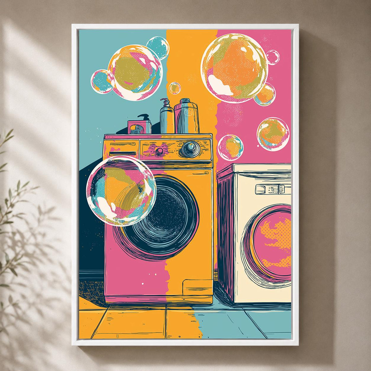 Retro Laundry Room Framed Canvas Art, Vintage Washing Machine Pop Art Print by The Wall Art Studio - physical
