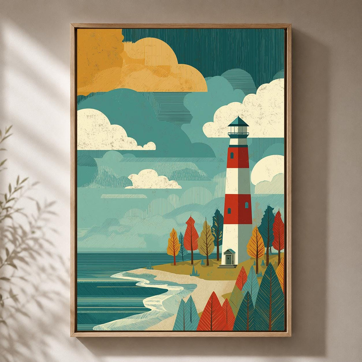 Retro Lighthouse Framed Canvas Art, Mid Century Coastal Landscape Print by The Wall Art Studio - physical
