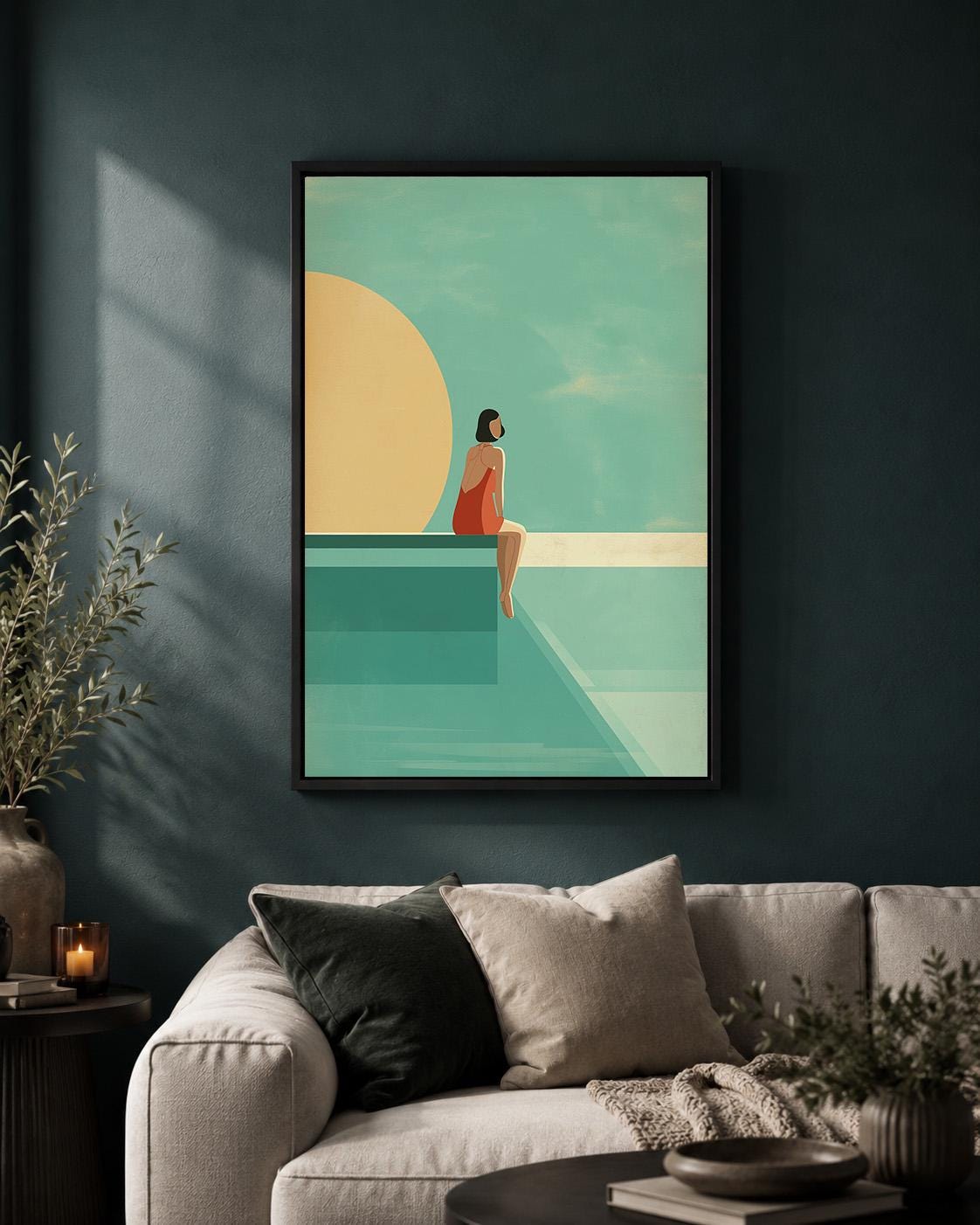 Retro Poolside Framed Canvas Art, Mid Century Summer Print, Coastal Artwork by The Wall Art Studio - physical