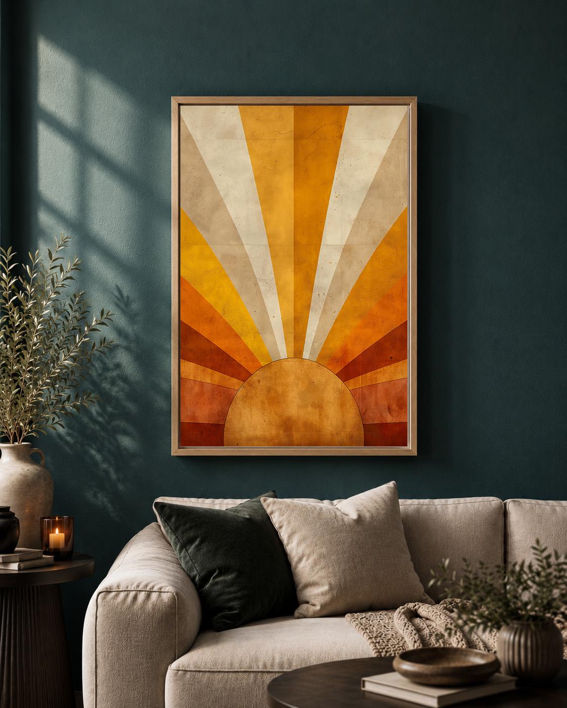Retro Sunburst Framed Canvas, Mid Century Modern Wall Art, Abstract Sunrise Canvas, Geometric Sunset Decor by The Wall Art...