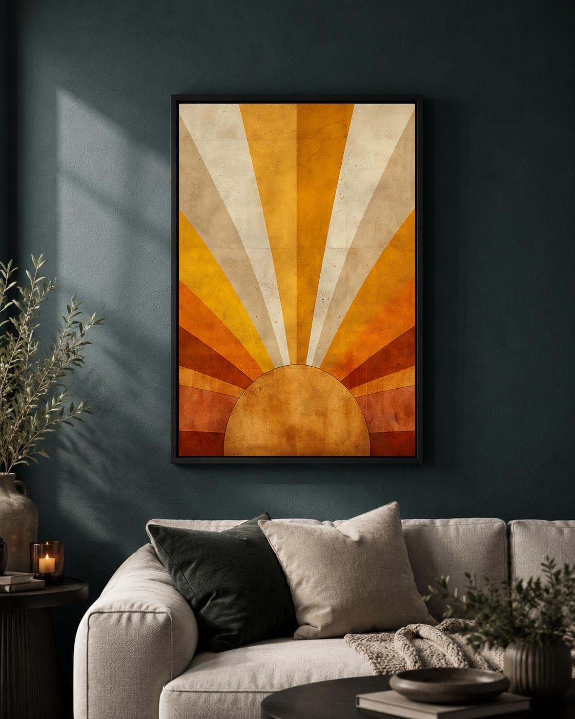 Retro Sunburst Framed Canvas, Mid Century Modern Wall Art, Abstract Sunrise Canvas, Geometric Sunset Decor by The Wall Art...