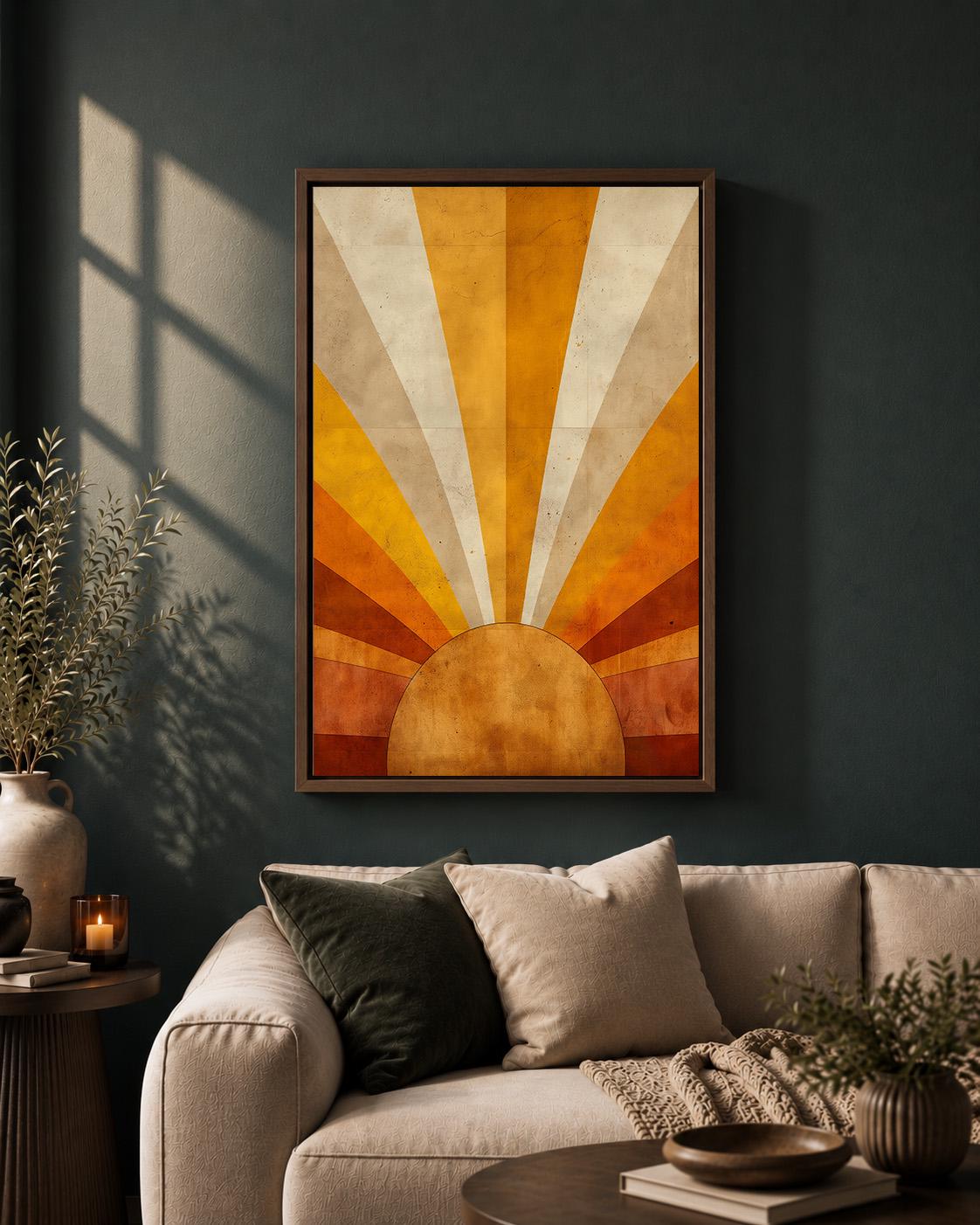 Retro Sunburst Framed Canvas, Mid Century Modern Wall Art, Abstract Sunrise Canvas, Geometric Sunset Decor by The Wall Art...