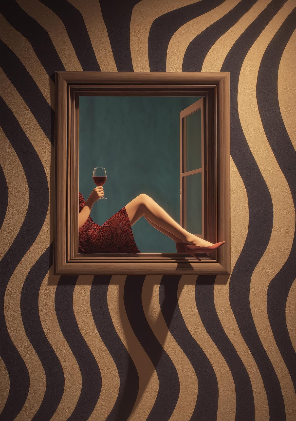 Retro Surreal Wall Art Print, Moody Wine Girl Poster, Mid Century Optical Decor (Framed Option) by The Wall Art Studio - p...