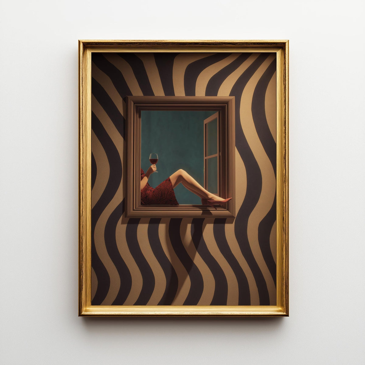 Retro Surreal Wall Art Print, Moody Wine Girl Poster, Mid Century Optical Decor (Framed Option) by The Wall Art Studio - p...