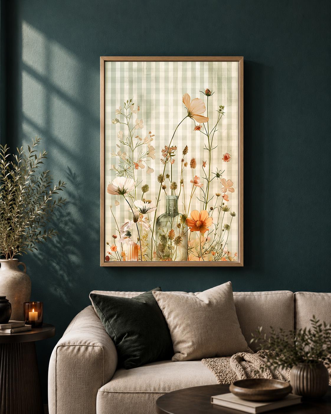 Sage Green Gingham Floral Framed Canvas, Cottagecore Botanical Print, Vintage Wildflower Decor by The Wall Art Studio - ph...