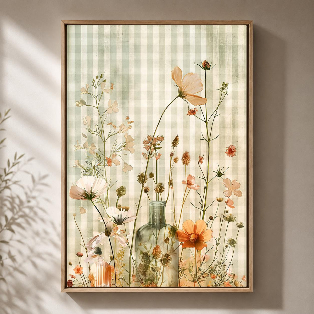 Sage Green Gingham Floral Framed Canvas, Cottagecore Botanical Print, Vintage Wildflower Decor by The Wall Art Studio - ph...