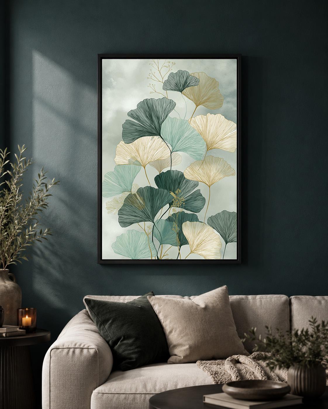 Sage Green Ginkgo Leaf Framed Canvas, Japandi Botanical Wall Art, Minimalist Nature Decor by The Wall Art Studio - physical