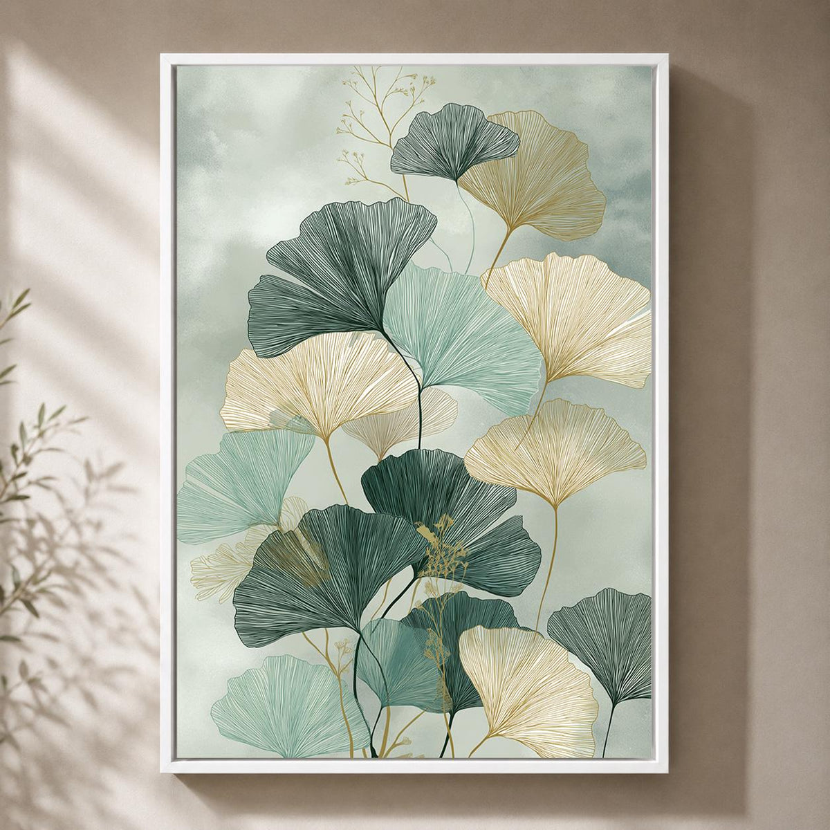 Sage Green Ginkgo Leaf Framed Canvas, Japandi Botanical Wall Art, Minimalist Nature Decor by The Wall Art Studio - physical