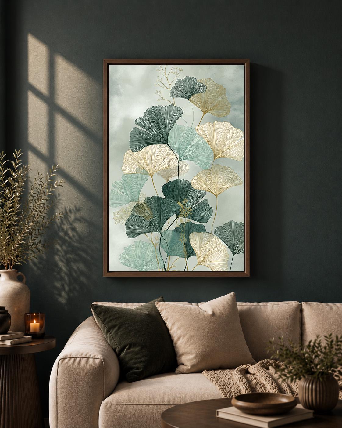 Sage Green Ginkgo Leaf Framed Canvas, Japandi Botanical Wall Art, Minimalist Nature Decor by The Wall Art Studio - physical